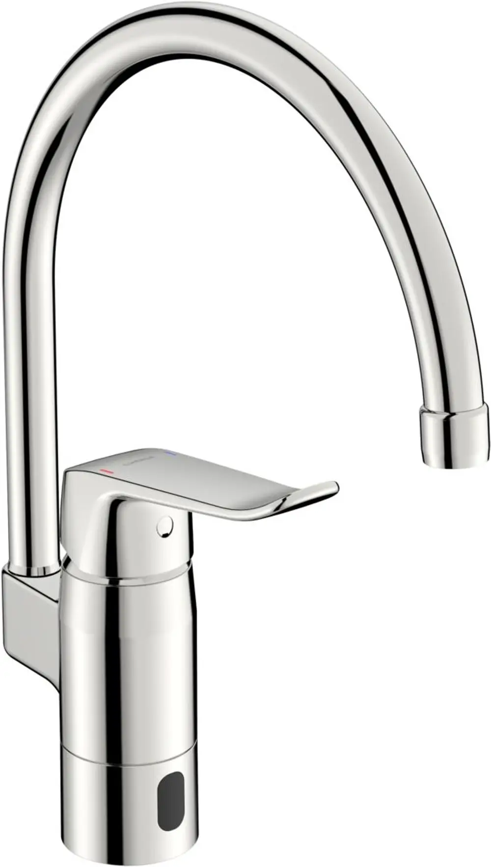 Küchenarmatur von HANSA, mit einem gebogenen Auslauf, einem Hebel zur Temperaturregulierung und einem modernen, verchromten Finish.
